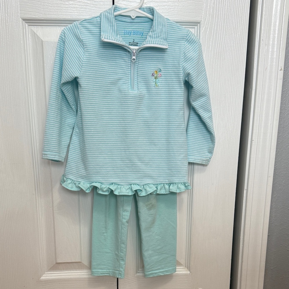 Aqua Striped Kids Legging Set with Ruffle Hem